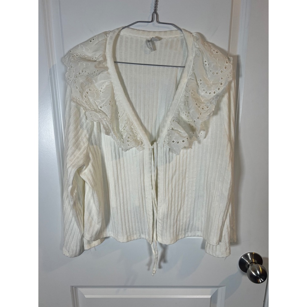 Cato Womens Cardigan Eyelet Lace Ruffle Collar White XL